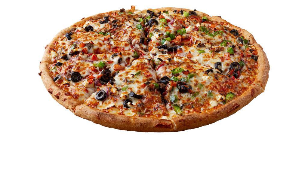 Greek Pizza · Pizza sauce, ground beef, onion, green pepper, tomatoes, black olives, feta cheese, and cheese mix.