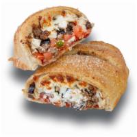 Greek Calzone
 · Pizza sauce, ground beef, onions, tomato, ricotta cheese, feta cheese, green peppers, black ...