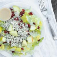 Apple Cranberry Salad · Crisp lettuce with apples, dried cranberries, sunflower seeds, bleu cheese crumbles, and an ...
