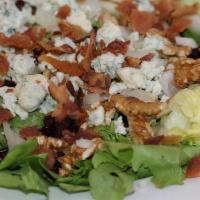 Cranberry Walnut · Fresh spring mix adorned with dried cranberries, bleu cheese, walnuts, bacon bits and red on...