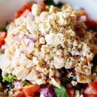 Mediterranean Power Bowl · Quinoa Blend with Edamme, Green Chickpeas, & Kale topped with Grilled Chicken, Chopped Spina...
