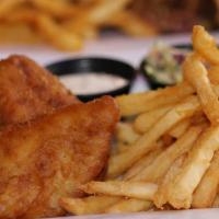 Tan Fins · Battered filets of cod served over a be of fried with slaw and tartar sauce