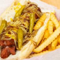 Maxwell Street Polish · Maxwell street polish served on Turano French bread with mustard, grilled onions, and sport ...