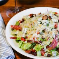 Mj’S Chopped Salad · Bacon, blue cheese, tomato, pickled onions, cucumber, house vinaigrette. Grana Padano, and a...