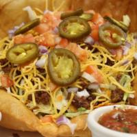 Craft House Taco · Taco beef, shredded lettuce, cheddar cheese, tomatoes, onions, jalapenos, served in our own ...
