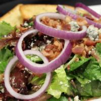 Wilted Bacon Blue · Mixed greens, craft bacon, red onion, blue cheese, foccacia crostinis with a hot bacon vinai...