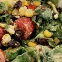 Las Bear (Our One Favorite) · Romaine, corn, black beans, cherry tomatoes, avocado, organic blue chips, white cheddar, chi...