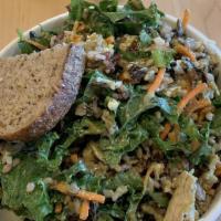 Popeye Bowl · Warm organic brown rice, spinach, kale, carrots, blistered tomatoes, local feta, grilled chi...