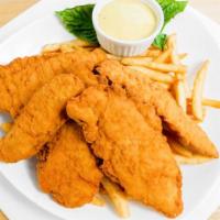 Regular Tenders · Chicken tenders are breaded and deep fried served with fries and your choice of dipping sauce.