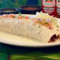 Pancho Burrito · Filled with chicken, chorizo, bacon and rice topped with cheese sauce and pico de gallo.