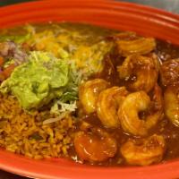 Camarones A La Diabla · Grilled shrimp cooked with our delicious diabla sauce served with rice, beans and three tort...