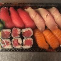 Tri Color Sushi · Three tuna, three salmon, three yellowtail and tuna roll.