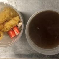 Nabe Yaki Udon · Noodle soup with chicken, vegetable, fish cake, egg, and shrimp tempura.