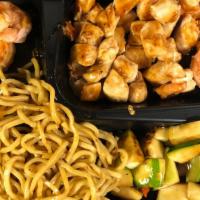 Hibachi Chicken & Shrimp · Includes clear onion soup hibachi vegetable hibachi noodles osaka ginger and shrimp sauce.