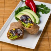 Vegetarian Black Bean Wrap · A Tasty Vegan Wrap: Organic Black Beans with avocado  and tomatillo salsa, corn, green & red...