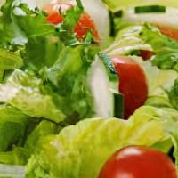 House Salad · Mixed greens, grape tomatoes, shredded carrots, diced cucumbers, red onion, Greek vinaigrette.