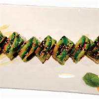 Green Dragon · Eel and cucumber topped with avocado eel sauce and sesame seeds.