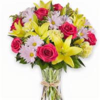 Congratulations Fields Of Europe · Fields of Europe bouquet in glass vase. One Size (Medium) Lilies, Roses & Daisy Pom.