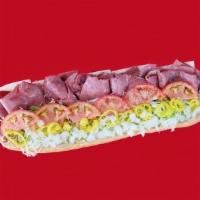 Whole Corned Beef & Cheese (16 In) · Corned Beef, White American Cheese, Grilled Onion, Topped with Fresh Lettuce, Tomatoes, Bana...