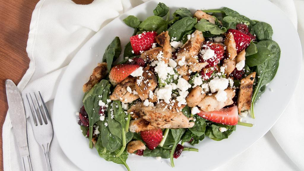 Berry Spinach Salad · Grilled chicken, feta, dried cranberries and fresh strawberries served with raspberry vinaigrette.