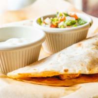 2 Quesadillas · Grilled flour tortilla filled with cheese and served with pico de gallo and sour cream. Add ...
