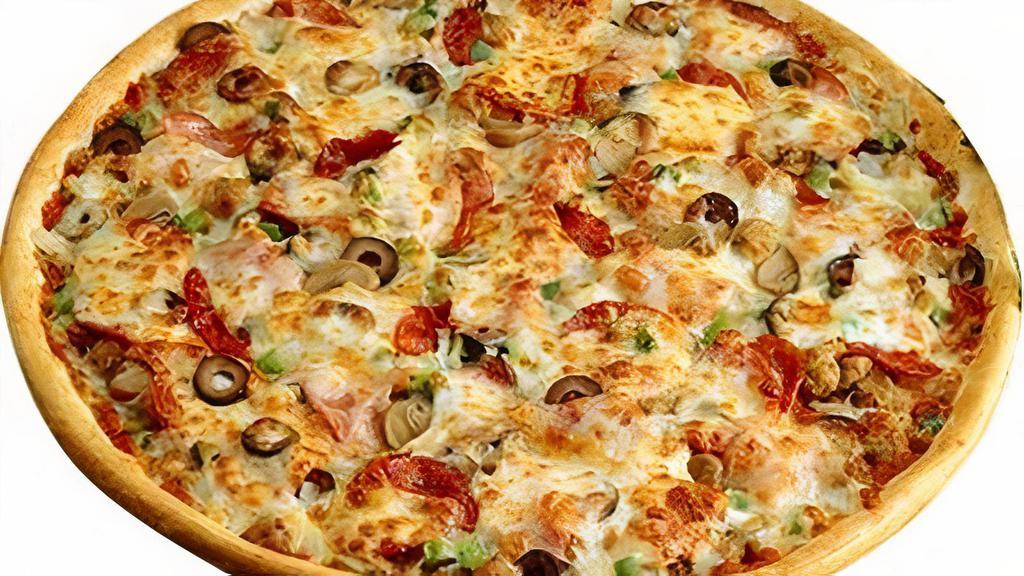 Small Mobster · Beef, Pork Sausage, Pepperoni,. Italian Sausage, Canadian Style Bacon,. Salami, Mushroom, Green Pepper,. Onion, Black Olive, Extra Cheese