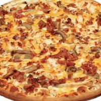Crazy Alfredo Pizza · Alfredo Sauce, your choice of any. 3 pizza toppings.
