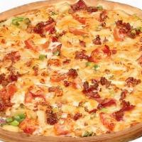 Crazy Polynesian · Canadian Style Bacon, Real Bacon Pieces,. Pineapple, Green Pepper, Fresh Tomato,. Cheese Blend