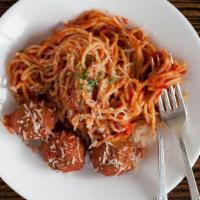 Spaghetti & Meatballs · Classic spaghetti pasta served with three meatballs and Sugo Betti tomato sauce.