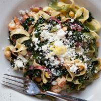 Fettuccine Con Gamberi · Spinach & Egg Pasta, Shrimp, Chickpeas, Kale, Red Onion, Dill, Feta
