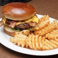 Bacon Burger · Brioche bun, bacon, American cheese, ground beef patty, tomato, onion and lettuce. Served wi...