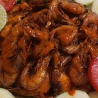 Camarones Cucaracha · Shrimp in red hot sauce