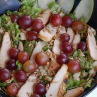 Hippie Chicken Salad · Mix of romaine, green leaf and baby spinach.  Grilled chicken breast, granny smith apples, s...