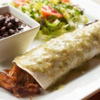 Burrito Simon · Pork burrito filled with pork barbecue with Mexican sausage, black beans and green sauce and...