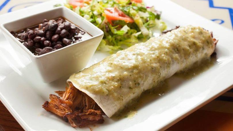 Burrito Simon · Pork burrito filled with pork barbecue with Mexican sausage, black beans and green sauce and topped with salsa Verde. Served with two sides.
