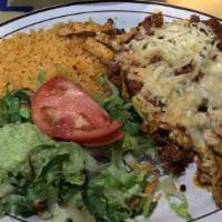 Chori Pollo · Grilled chicken strips topped with Mexican pork sausage and cheese. Served with Mexican rice...