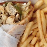 Mediterranean Chicken Sandwich · Grilled onions and green peppers, melted mozzarella, provolone, feta cheese, served on pita ...