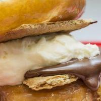 S'More Donut · Grilled Glazed Donut, Graham Cracker, Chocolate Pieces, Marshmallow Mascarpone