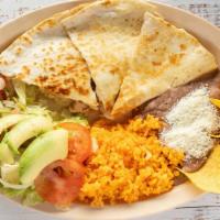 Pollo Quesadilla · Chicken. Served with rice and beans on flour tortilla.
