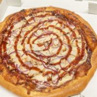 Bbq Chicken Pizza · Topped with BBQ sauce, chicken, red onions.