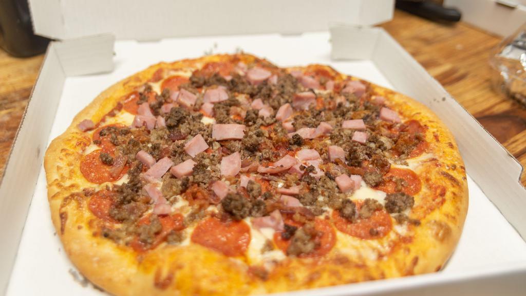 Meat Lovers · Topped with pepperoni, ham, Italian sausage, bacon, and ground beef.