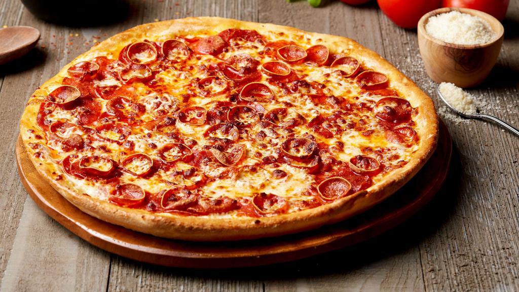 Triple Pepperoni · The Triple Pepperoni pizza loaded with cup-n-char pepperoni, traditional pepperoni, and deli sliced pepperoni with extra mozzarella cheese.