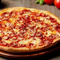 Triple Pepperoni Pizza · Loaded with cup-n-char pepperoni, traditional pepperoni, and deli sliced pepperoni with extr...
