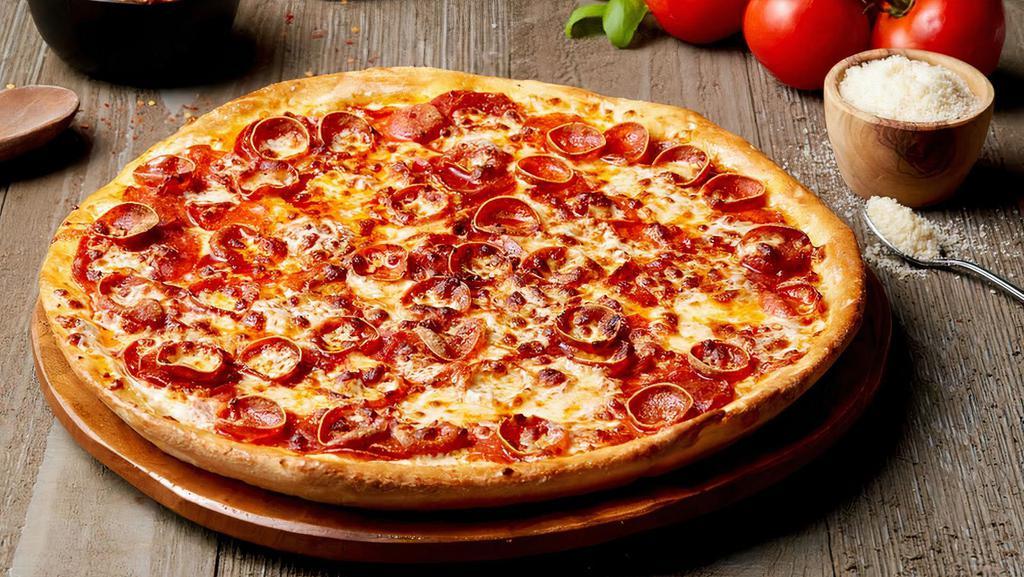 Triple Pepperoni · The Triple Pepperoni pizza loaded with cup-n-char pepperoni, traditional pepperoni, and deli sliced pepperoni with extra mozzarella cheese.