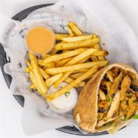 2)Chicken Gyros Sandwich · Seasoned chicken wrapped in a warm pita with lettuce, tomatoes, onions, and Cucumber sauce.