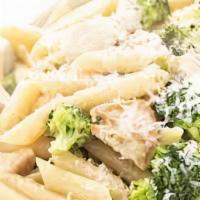 Fresh Chicken & Broccoli Pasta · Fresh, pulled white meat chicken, fresh steamed broccoli and penne pasta, tossed in a parmes...