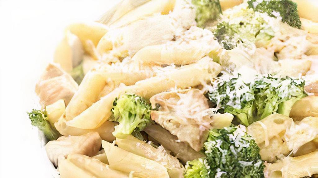 Fresh Chicken & Broccoli Pasta · Fresh, pulled white meat chicken, fresh steamed broccoli and penne pasta, tossed in a parmesan cream sauce. Topped with wisconsin cheddar cheese then baked.