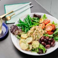 Salad Nicoise · Chickpea 'tuna' salad,  potato,  hericot vert,  olives,  tomato,  mixed greens,  dijon vinai...