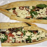 Veggie Pide · Tomato, green peppers, onion spinach, mushrooms.