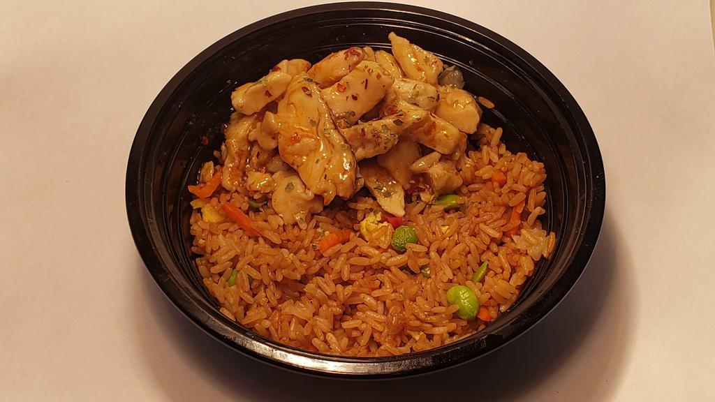 Sweet Chili Chicken Bowl · Grilled chicken tossed in sweet chili sauce, served on fried rice.